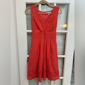 Corey P Red Coral Pleated Fit & Flare Cocktail Dress Lace Embroidered Size 8 NWT